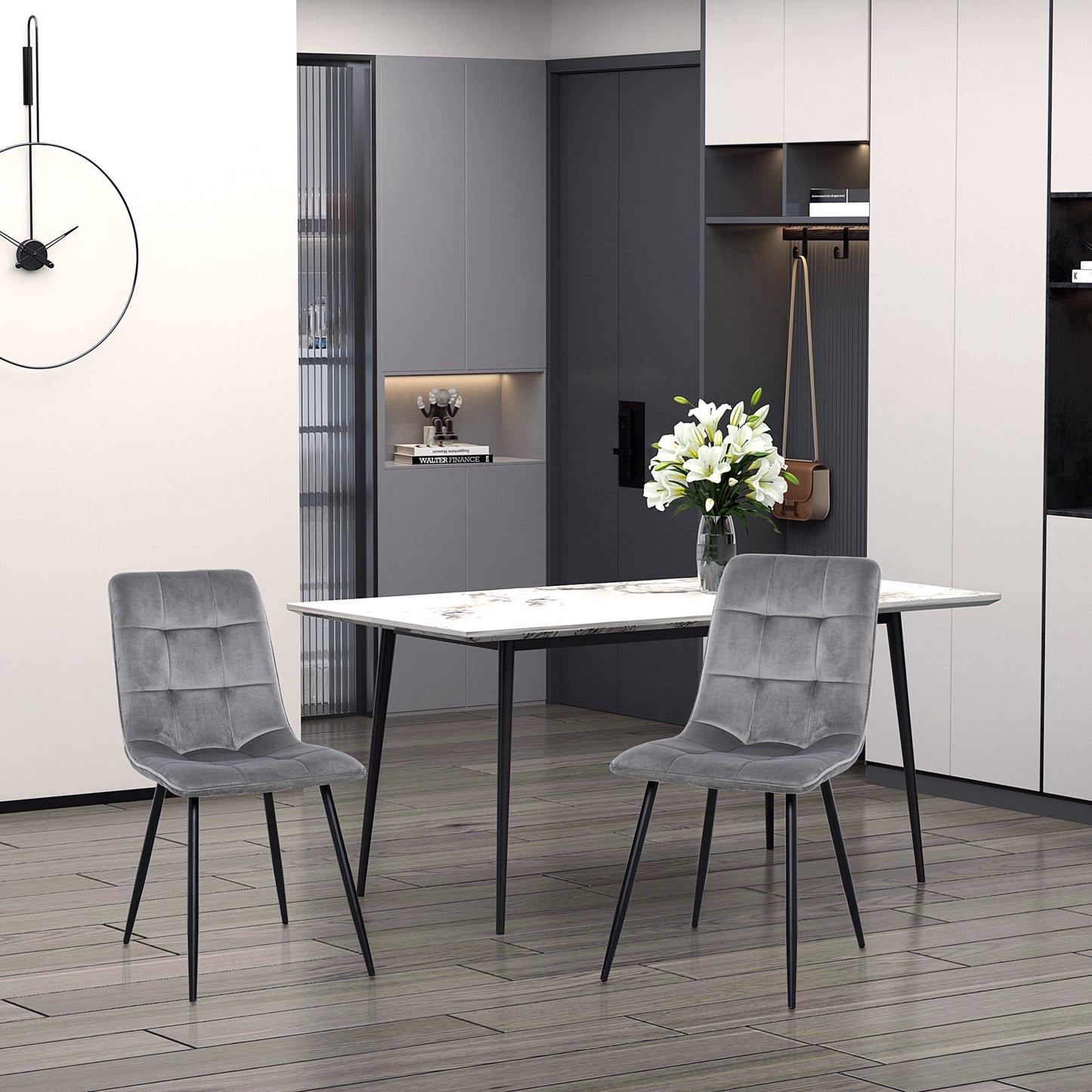 HOMCOM 2er-Set Esszimmerstuhl Polsterstuhl Küchenstuhl mit Samt-Optik Esstisch Samt Metall Grau+Schwarz 45 x 63 x 90 cm