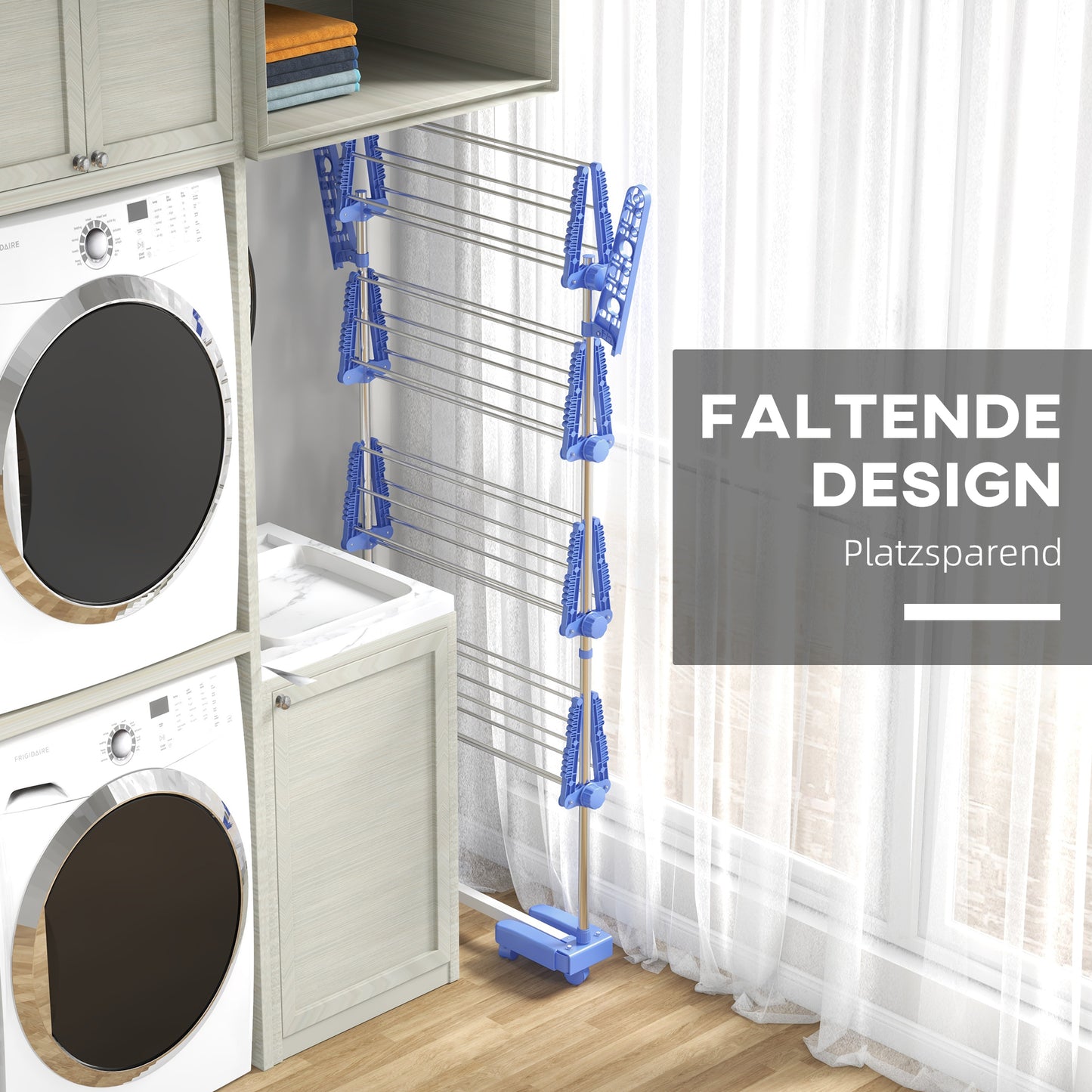 HOMCOM Wäschenständer Wäschetrockner 5 Ebenen, klappbar, One-Klick-System, 142 cm x 55 cm x1 72 cm, Blau + Silber