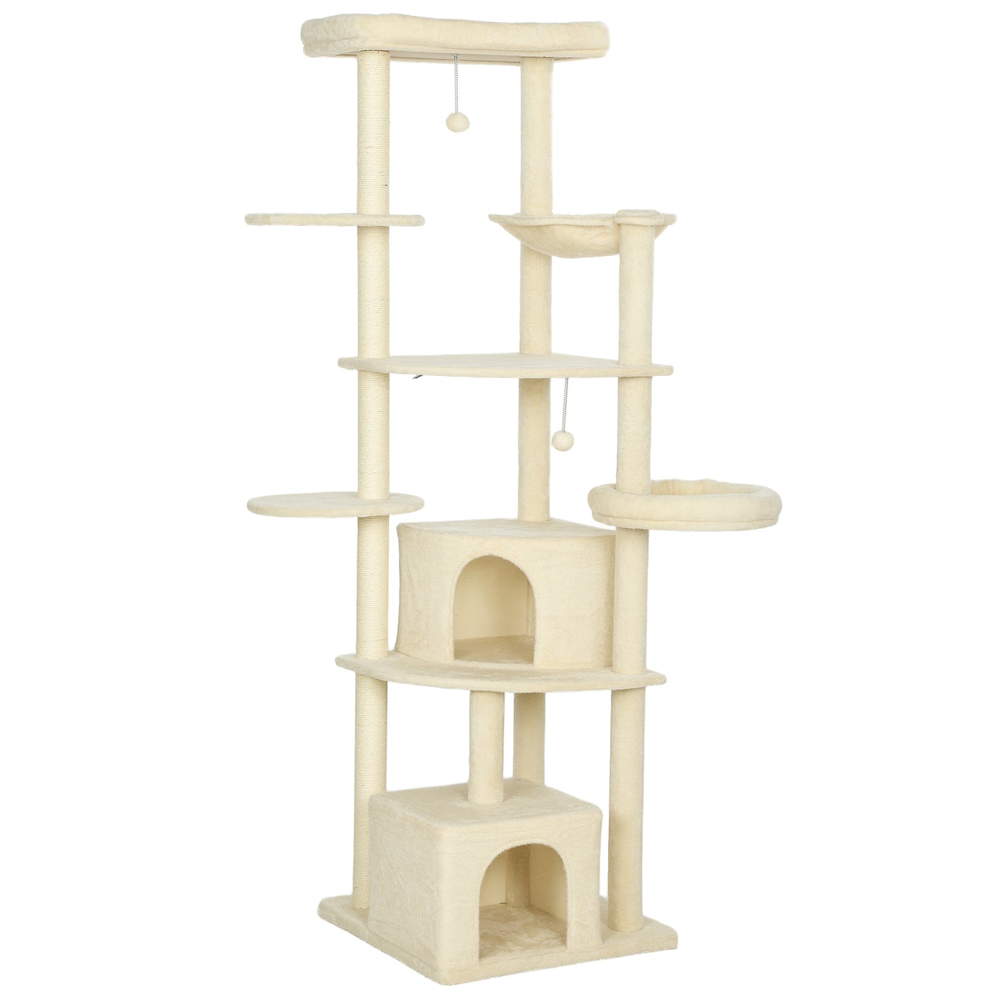 PawHut 2 Meter hoher Kratzbaum für 2-3 Katzen, Kratzpfosten, Höhlen, Hängematte, Verstecke, mehrstöckiges Design, Sisal, Holz, Plüsch, Beige