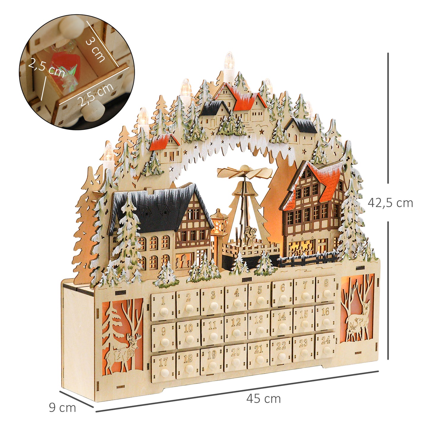HOMCOM Adventskalender, Weihnachtsdorf, 18 LEDs, 24 Schubladen, wiederverwendbar, 45 x 9 x 42,5 cm