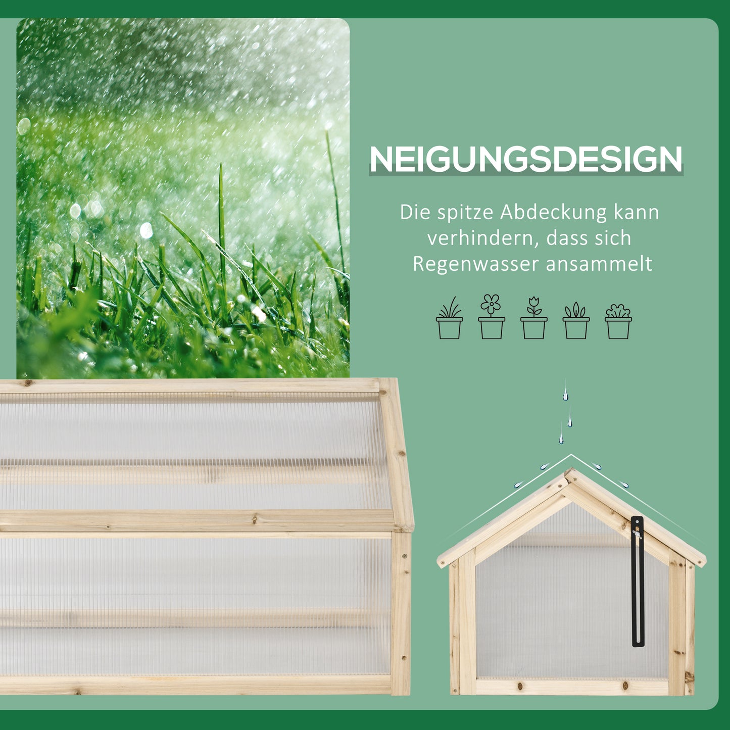 Outsunny Mini-Gewächshaus, Kompaktes Pflanzenhaus aus Holz, Polycarbonat-Platten, Belüftungsöffnung, 90L x 52B x 49,5H cm, Natur