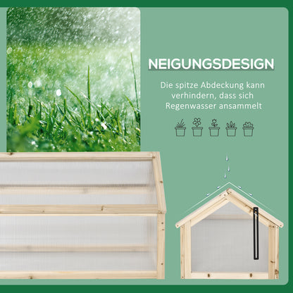 Outsunny Mini-Gewächshaus, Kompaktes Pflanzenhaus aus Holz, Polycarbonat-Platten, Belüftungsöffnung, 90L x 52B x 49,5H cm, Natur