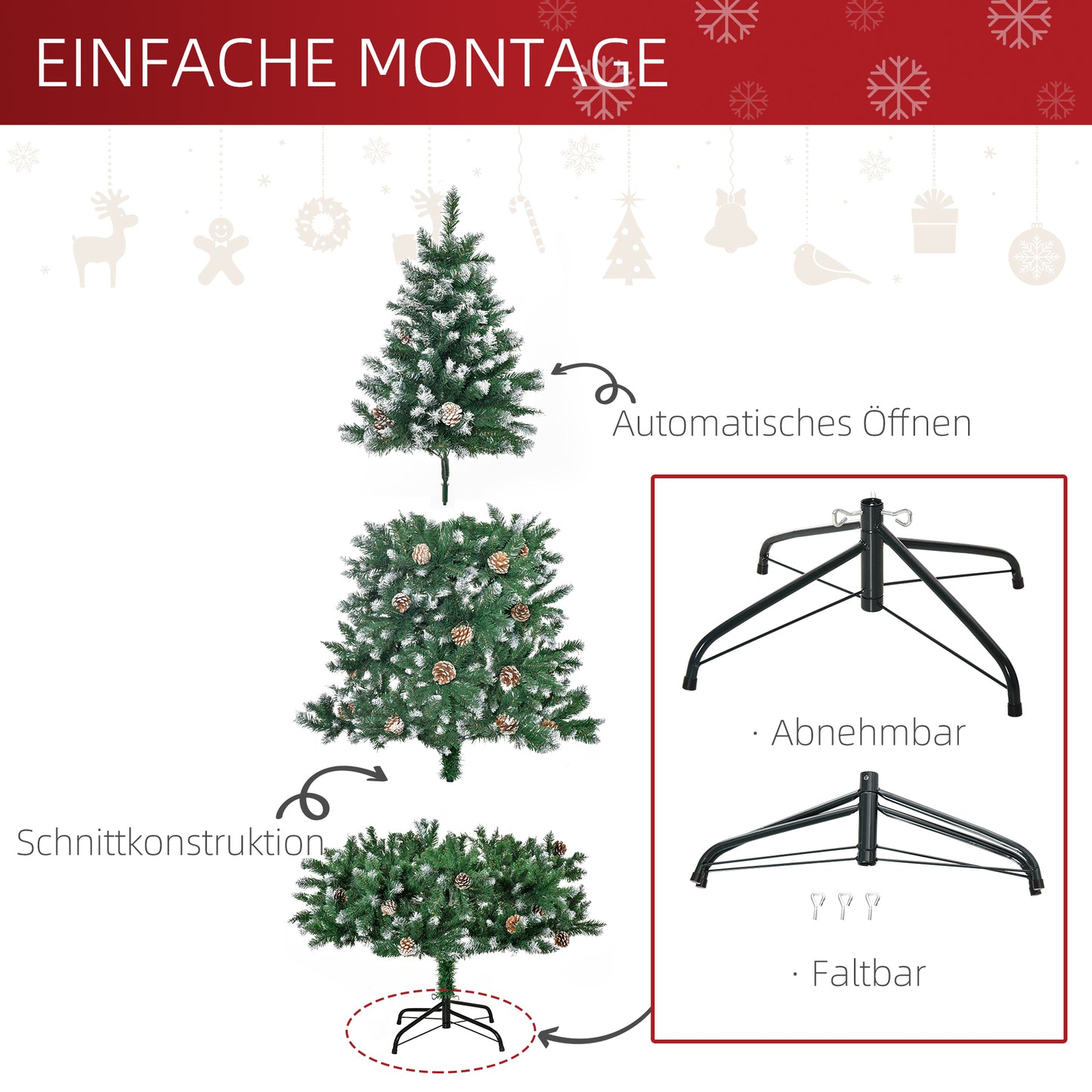 HOMCOM Künstlicher Weihnachtsbaum 180 cm Kieferbaum künstlich mit 59 Zapfen, Schnee, 1111 Spitzen für drinnen