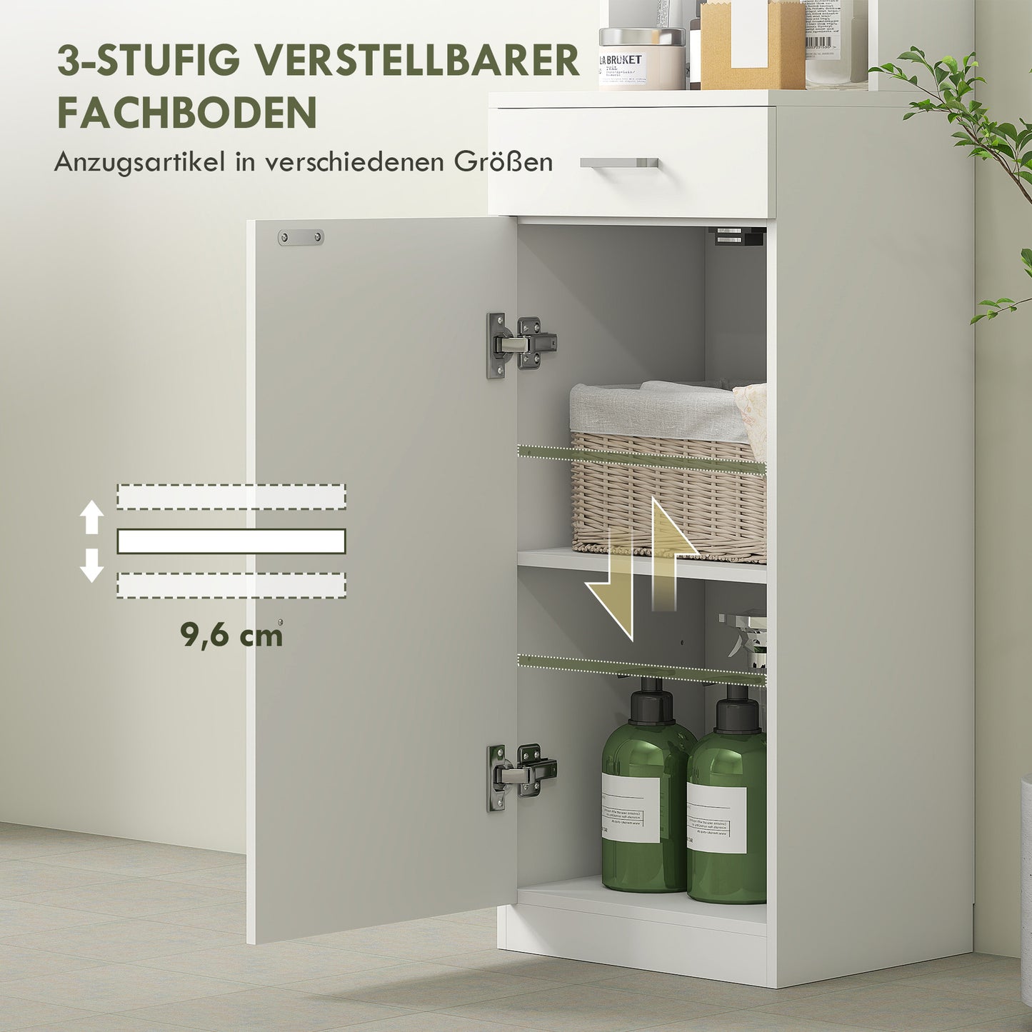 HOMCOM Hoher Badezimmerschrank, schmales Design, Schublade, Regale, Schrank, Spanplatte, Weiß