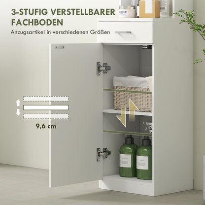 HOMCOM Hoher Badezimmerschrank, schmales Design, Schublade, Regale, Schrank, Spanplatte, Weiß