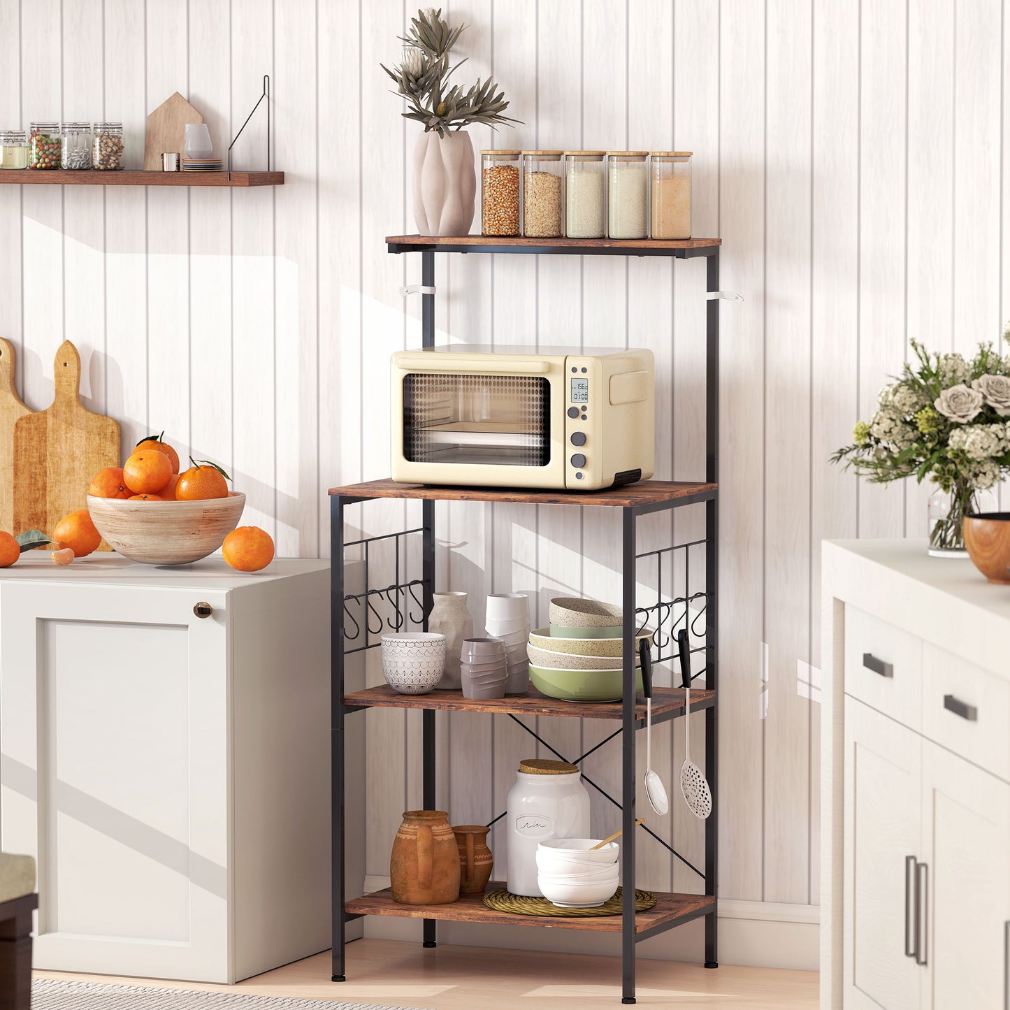HOMCOM Küchenregal, 4-stufiges Design, Arbeitsplatte, 8 Haken, Metallrohre, Braun+Schwarz