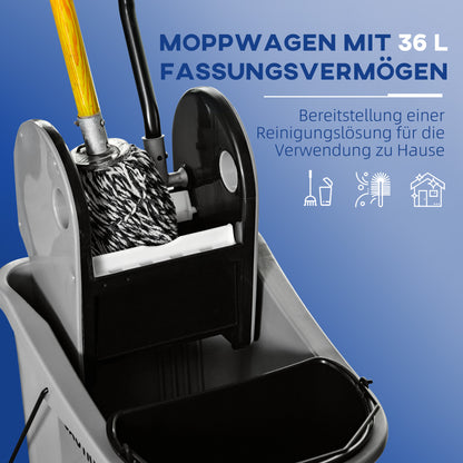 HOMCOM Wischwagen mit Mopp-Presse, 36L, Wassertrennwand, 4 Rollen, Schwarz/Grau