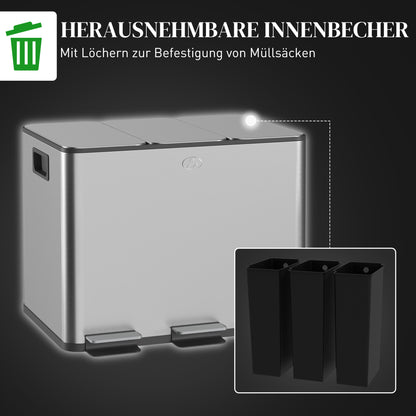 HOMCOM Mülleimer mit 3 x 20 L Fächern, Deodorant-Deckel, fingerabdrucksicher, Soft-Close, herausnehmbar, Silber