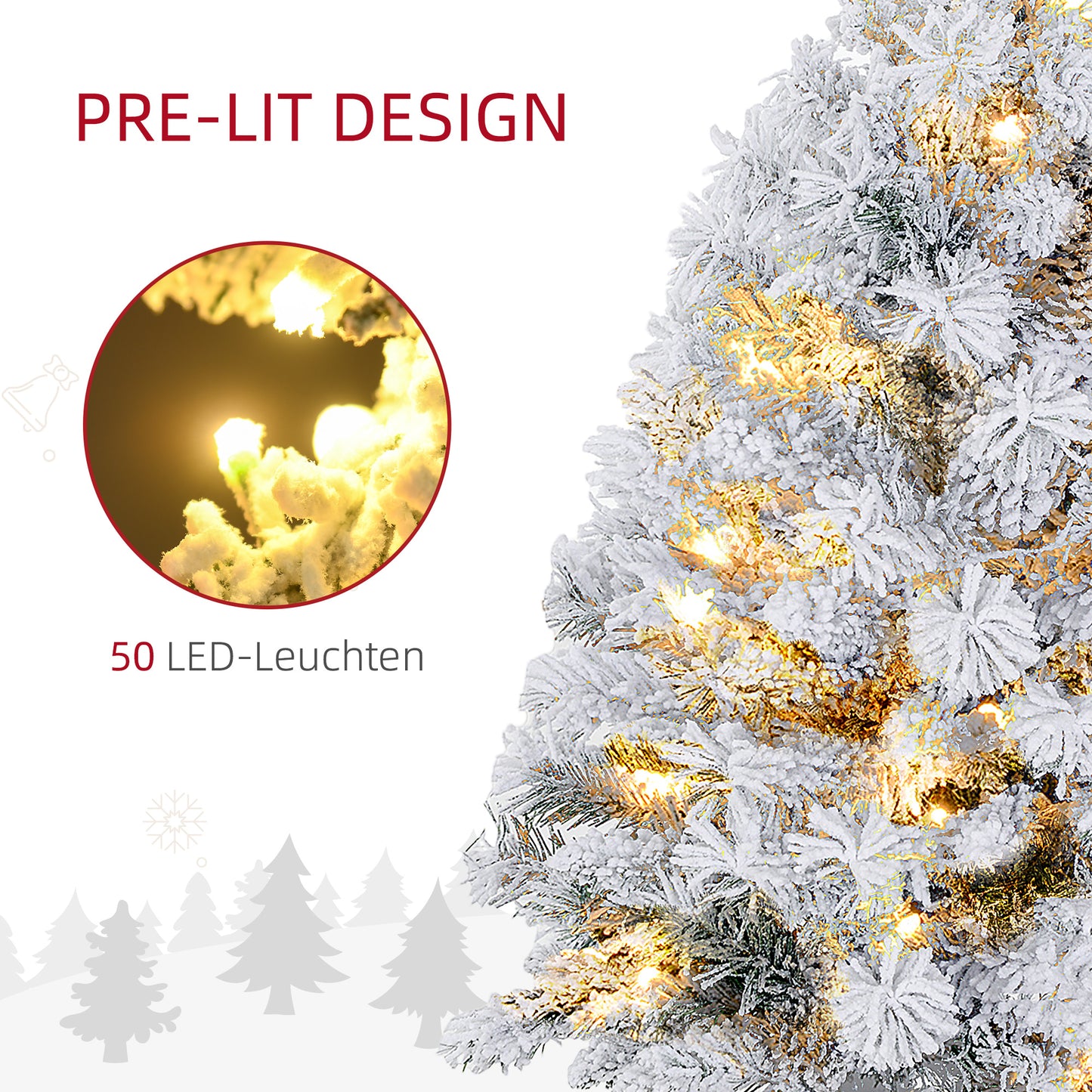 HOMCOM Weihnachtsbaum 92 cm, LED-Lichter, Schneezweige, Tannenzapfen, flammenhemmend, Betonfuß