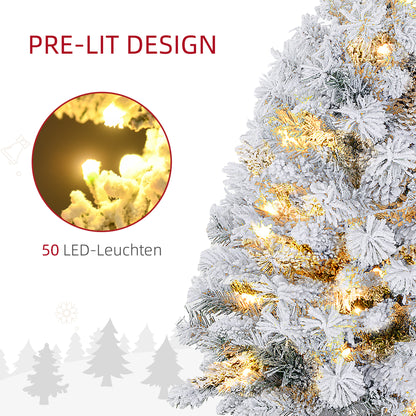 HOMCOM Weihnachtsbaum 92 cm, LED-Lichter, Schneezweige, Tannenzapfen, flammenhemmend, Betonfuß