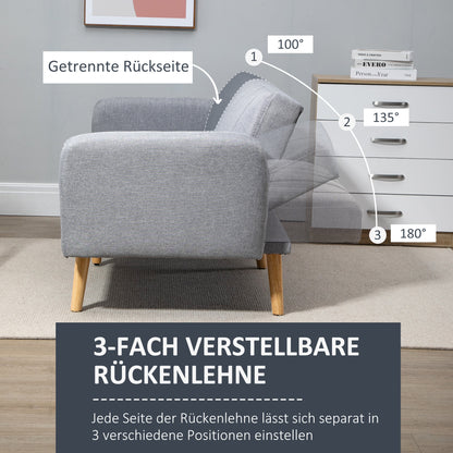 HOMCOM Schlafsofa, 2-Sitzer Stoffsofa, Sofa mit Schlaffunktion, leinenartiges Polyester, Kautschukholz, 173 x 75 x 73 cm, Grau
