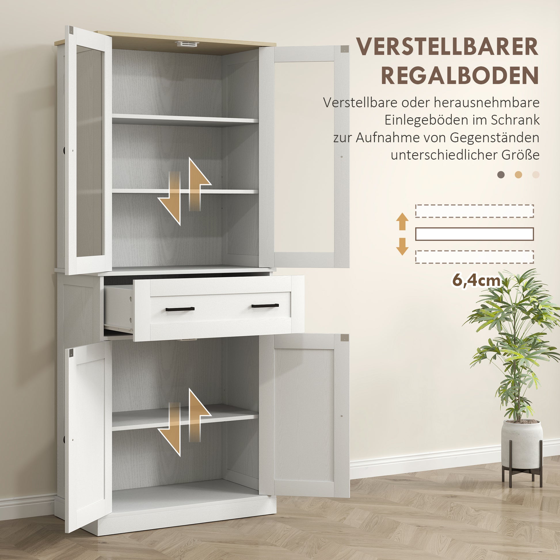 HOMCOM Küchenschrank, Buffet, Acrylfront, Schubladen, 76 x 40 x 182,5 cm, Cremeweiß