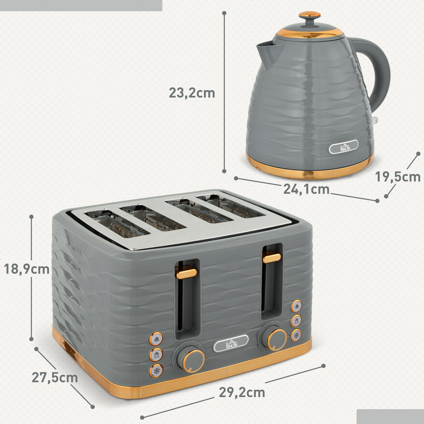 HOMCOM 2-in-1 Toaster und Wasserkocher Set, 7 Bräunungsstufen, Auftau- und Aufwärmfunktion, Grau