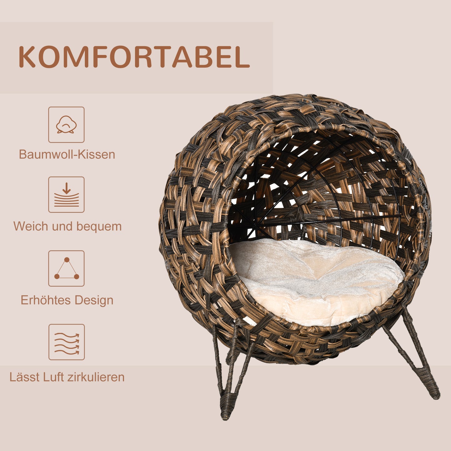 PawHut Katzenhaus från Rattan mit Kissen Katzenschlafplatz Katzenhöhle mit erhöhten Füßen Braun Ø52 x 58 cm