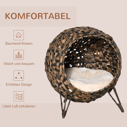 PawHut Katzenhaus från Rattan mit Kissen Katzenschlafplatz Katzenhöhle mit erhöhten Füßen Braun Ø52 x 58 cm
