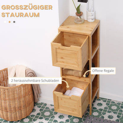 kleankin Badezimmerschrank aus Bambus, 1 Regal, 2 Schubladen, 30 cm x 30 cm x 90 cm; Natur