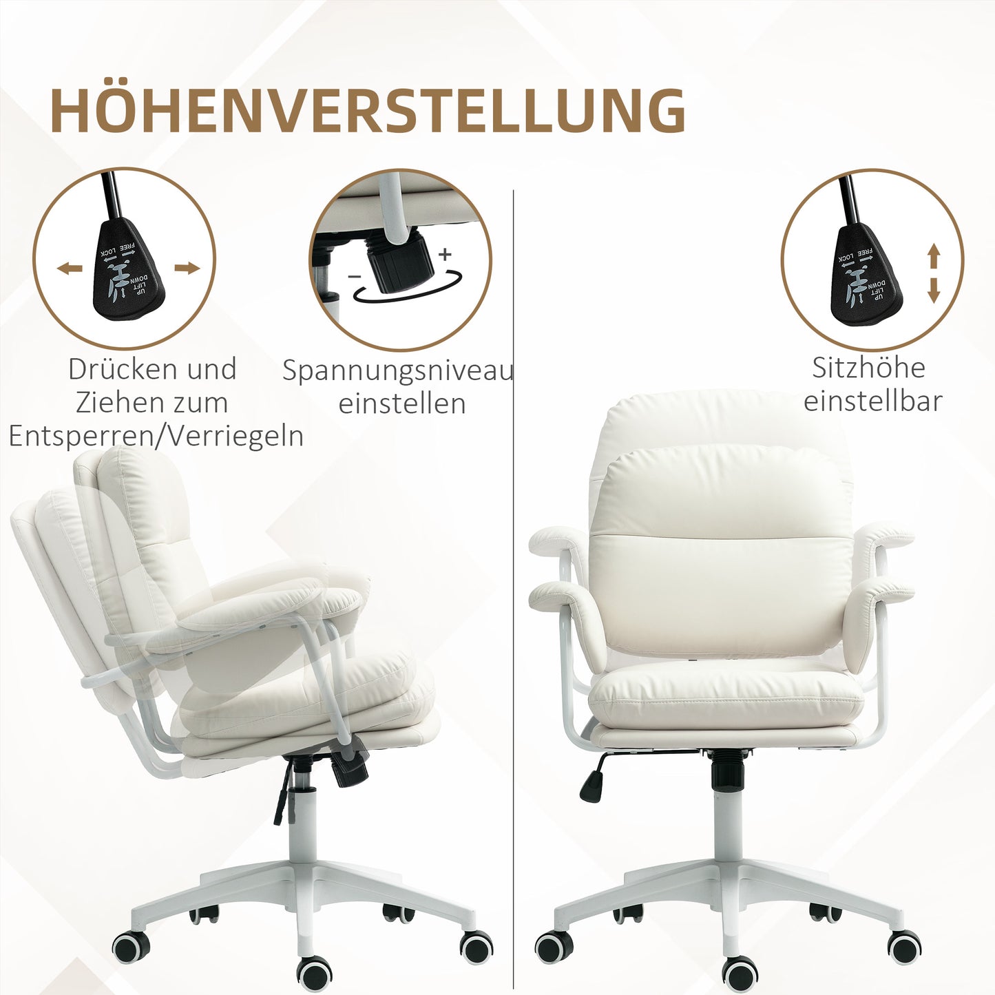 HOMCOM Höhenverstellbarer Schreibtischstuhl mit weichem Kissen und Kunstleder-Bezug, flexiblen Rädern und Kippfunktion, Weiß