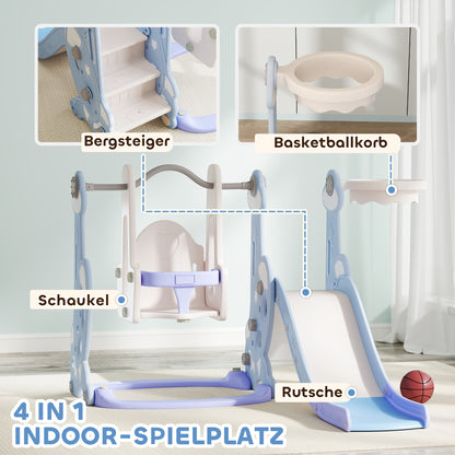 AIYAPLAY 4-in-1 Indoor-Spielplatz, Rutsch- und Schaukelset für Kleinkinder, Basketballkorb, Raketendesign, Kunststoff, Hellblau