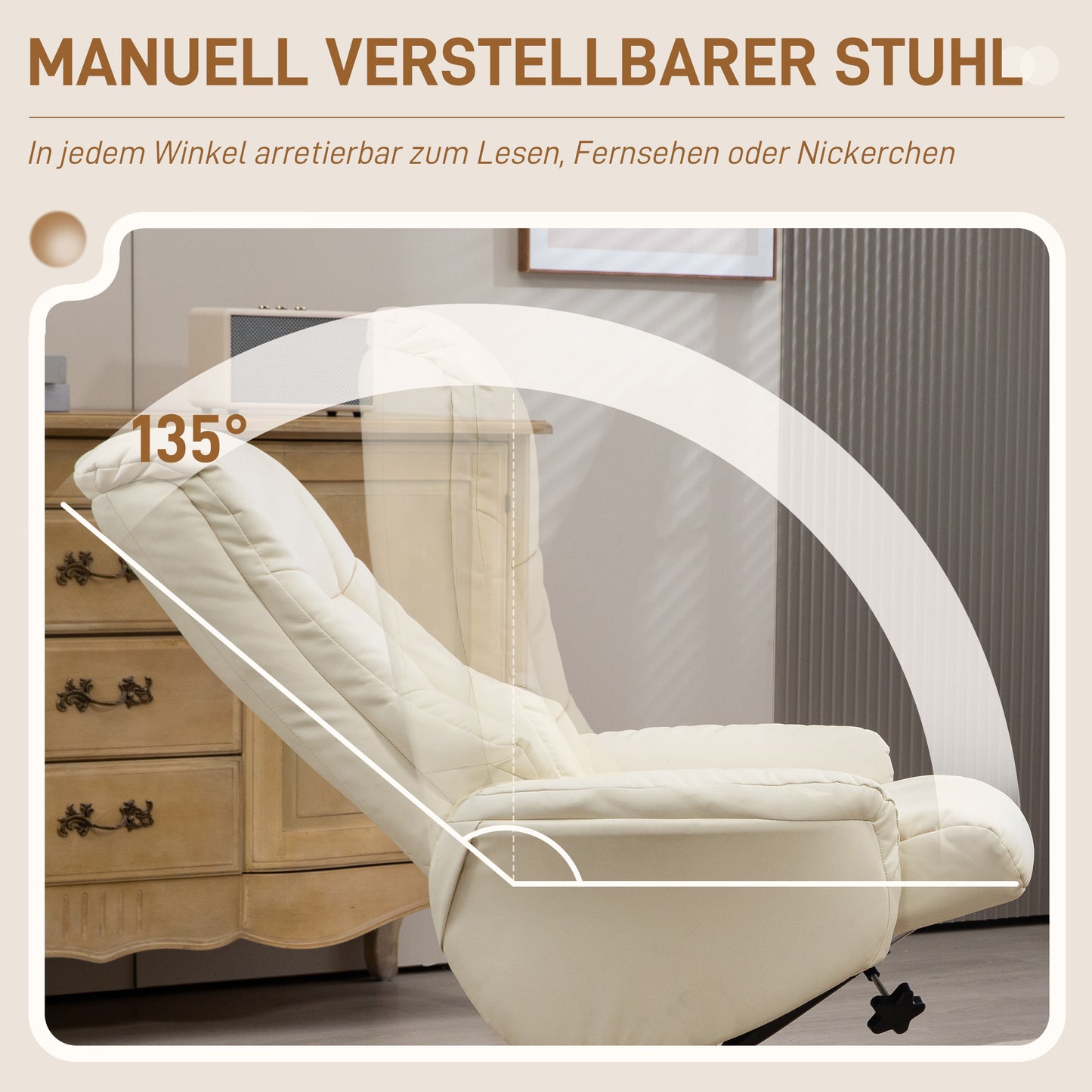 HOMCOM Relaxsessel mit Hocker, Liegefunktion, Kunstlederbezug, bis 150 kg, 71 x 84 x 102 cm, Cremeweiß