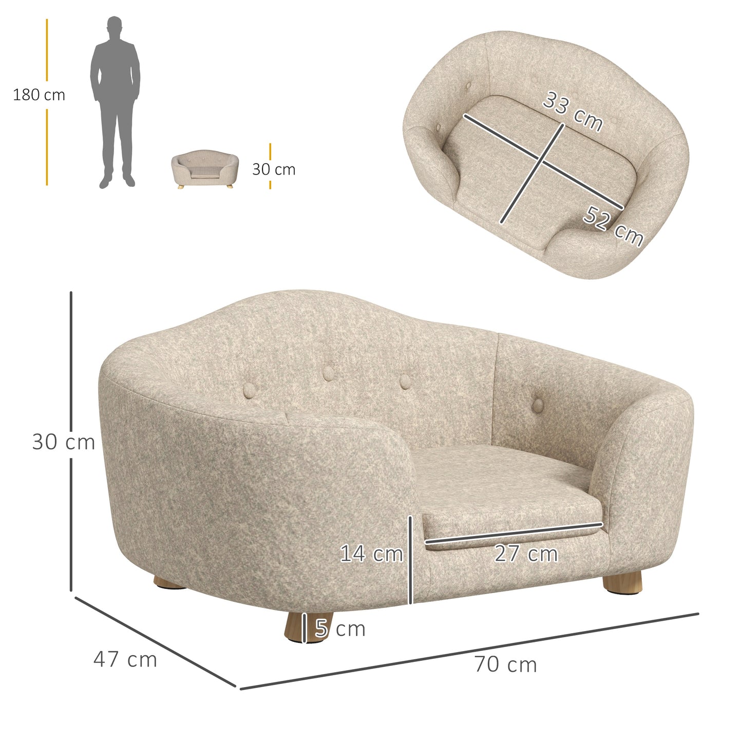 PawHut Haustiersoffa Hundematte Hundebett Hundesofa Hundecouch Katzen Sofa mit Kissen Rückentasche Plüsch Schaumstoff Kiefernholz Cremeweiß 70 x 47 x 30 cm