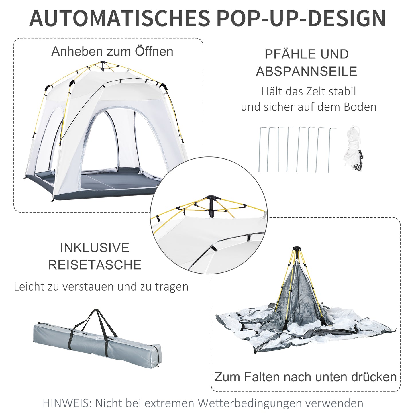 Outsunny Pop Up Kuppelzelt für 4 Personen leicht, stabil wasserdicht UV 50+ mit Haken Tür Fenster, Bodenplane