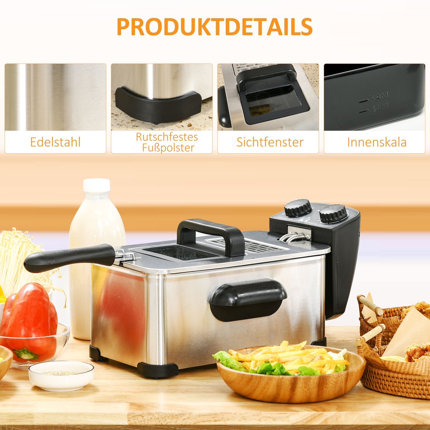 HOMCOM Fritteuse, 3 Liter, 2.000W Leistung, Klarsichtdeckel, kühler Griff, Schwarz