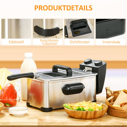 HOMCOM Fritteuse, 3 Liter, 2.000W Leistung, Klarsichtdeckel, kühler Griff, Schwarz