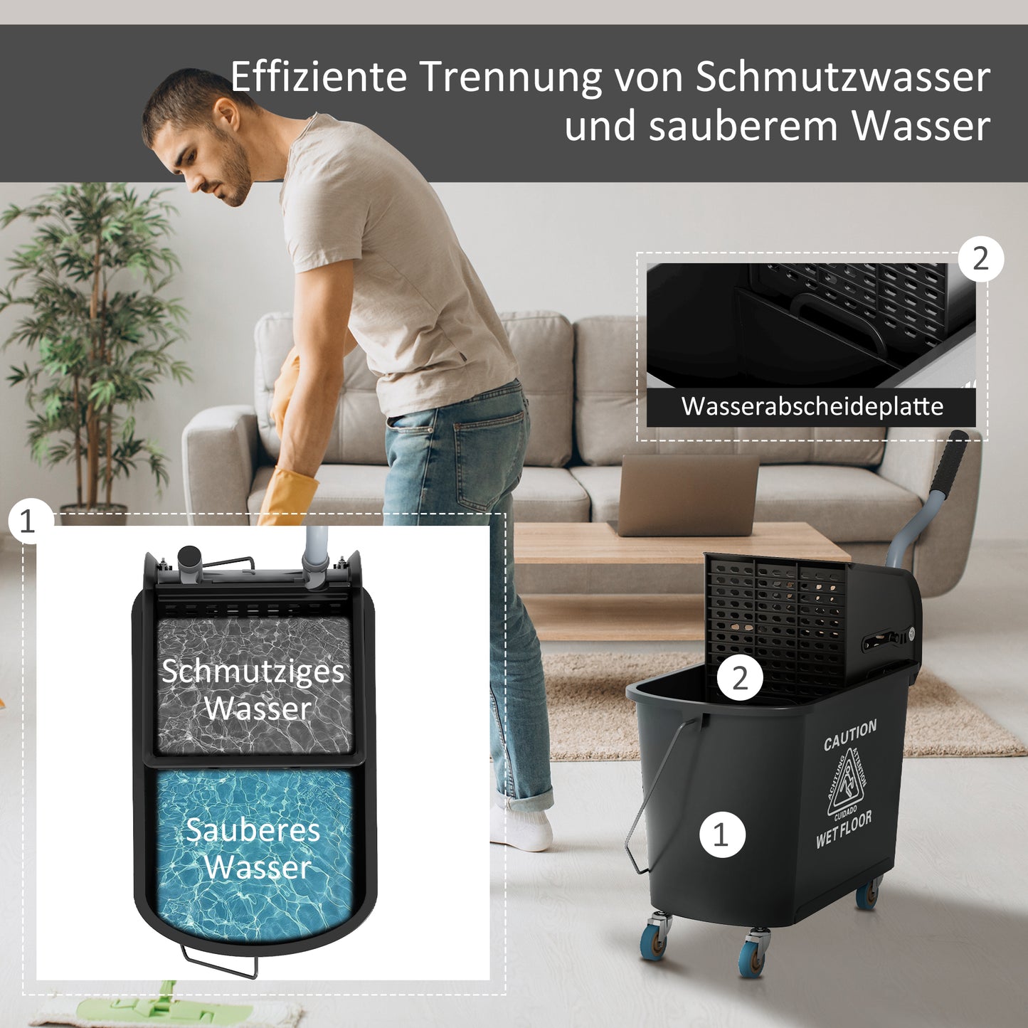 HOMCOM 20 L Mopp-Eimer mit Auswringer und Griff, Wischmopp-Eimer auf Rädern, Kunststoff, Schwarz