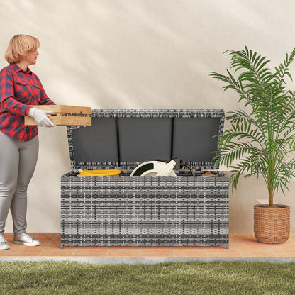 Outsunny Rattan Auflagenbox 380L vattenfest Kissenbox mit Deckel Staurum UV-beständig 130 x 61 x 65 cm Dunkelgrau