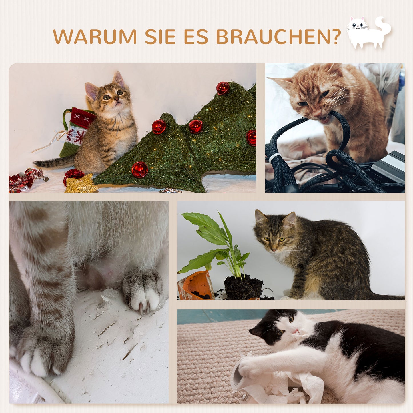PawHut Kletterwand Katzen, Wandkratzbaum, Katzenliege mit Kratzbaum,53cm Katzenregal mit Ballspielzeug, Plüschauflage, Katzenkratzbaum, Katzensäule, Weiß