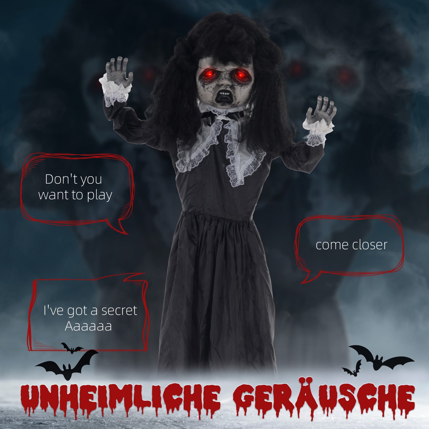 HOMCOM Horrorpuppe, Helloweendeko, gruselige Stimme & Musik, rote Augen, beweglich, 160 cm