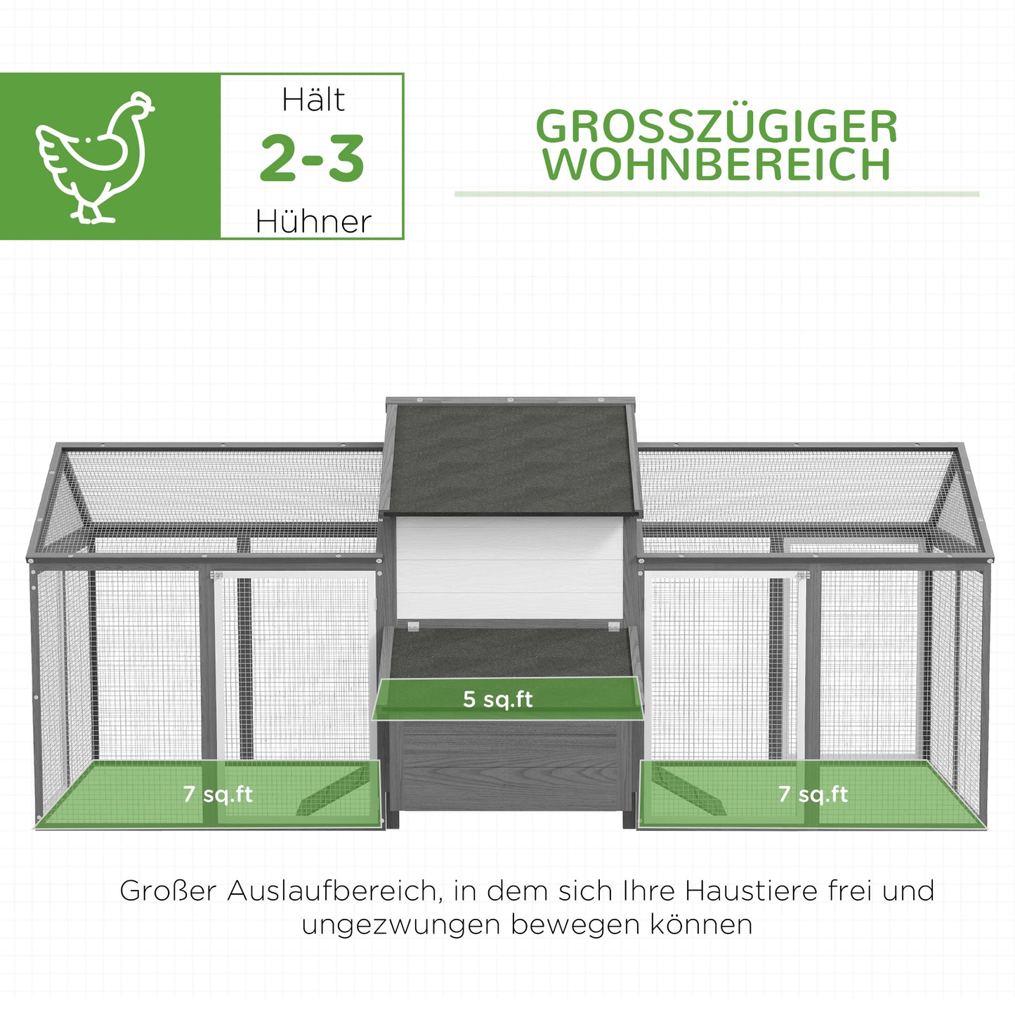 PawHut Hühnerstall Kleintierstall 2 Außengehege, 1 Nistkasten, 2 Rampen, Asphaltdach, wetterbeständig, Grau