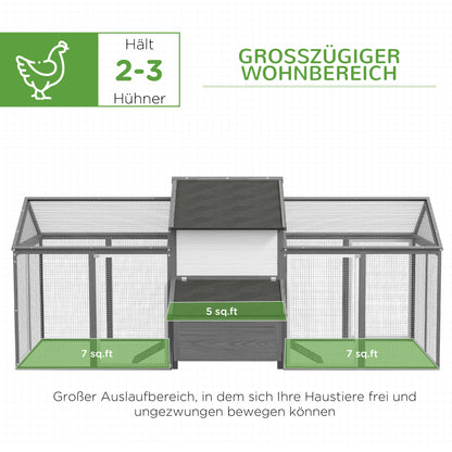 PawHut Hühnerstall Kleintierstall 2 Außengehege, 1 Nistkasten, 2 Rampen, Asphaltdach, wetterbeständig, Grau