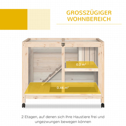 PawHut Kleintierstall mit 2 Ebenen 4 Rollen versiegeltes Tannenholz Natur