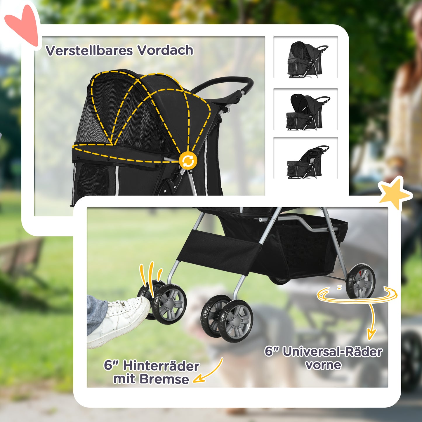 PawHut Hundewagen klappbar mit Becherhalter Sonnendach Schwarz