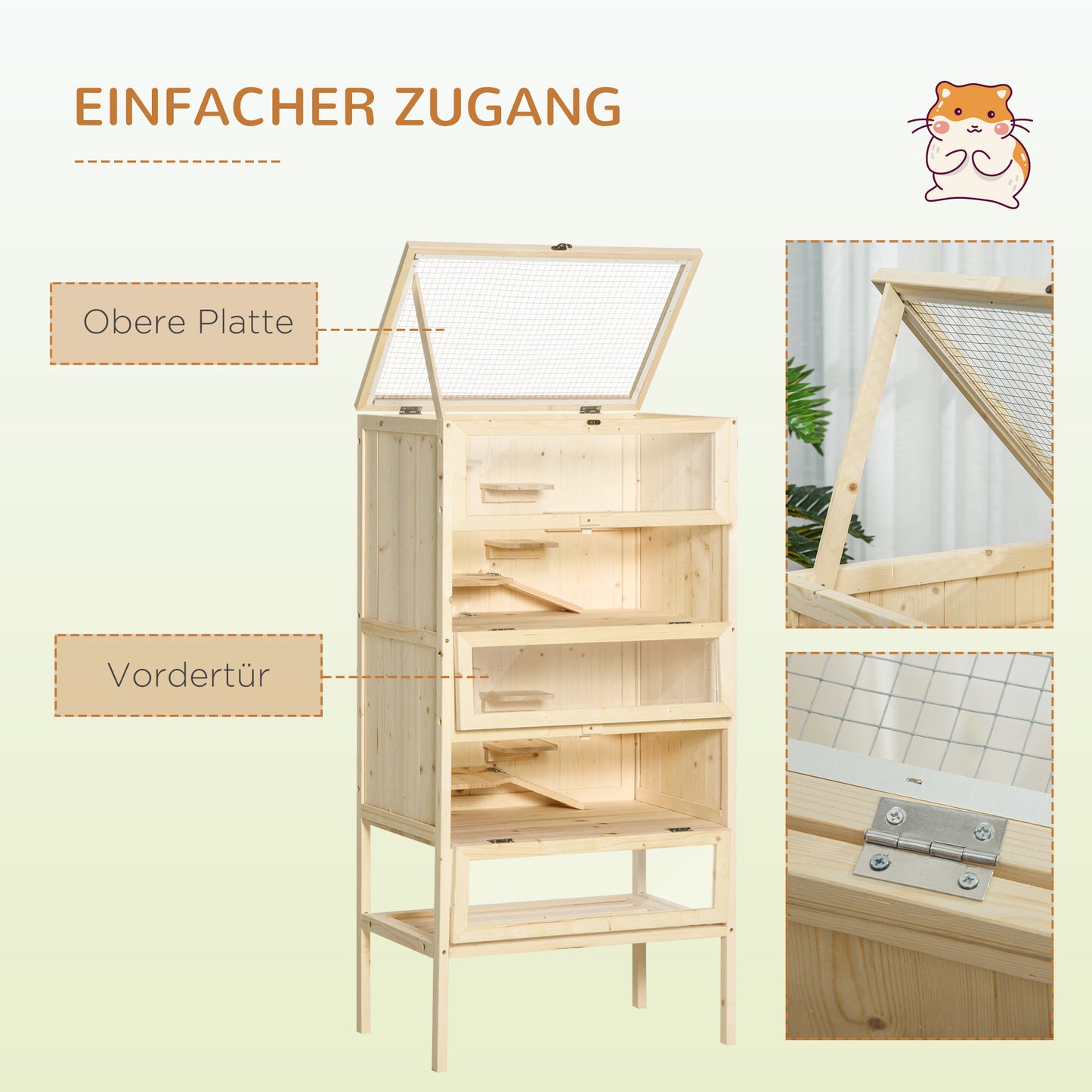 PawHut Hamsterkäfig aus Holz 5 Etagen Nagarium Nagerkäfig Kleintierkäfig mit Gitterdach Rampen, Holzkäfig Mäusekäfig groß Käfig für Hamster Zwerghamster 60 x 40 x 120 cm Naturholz