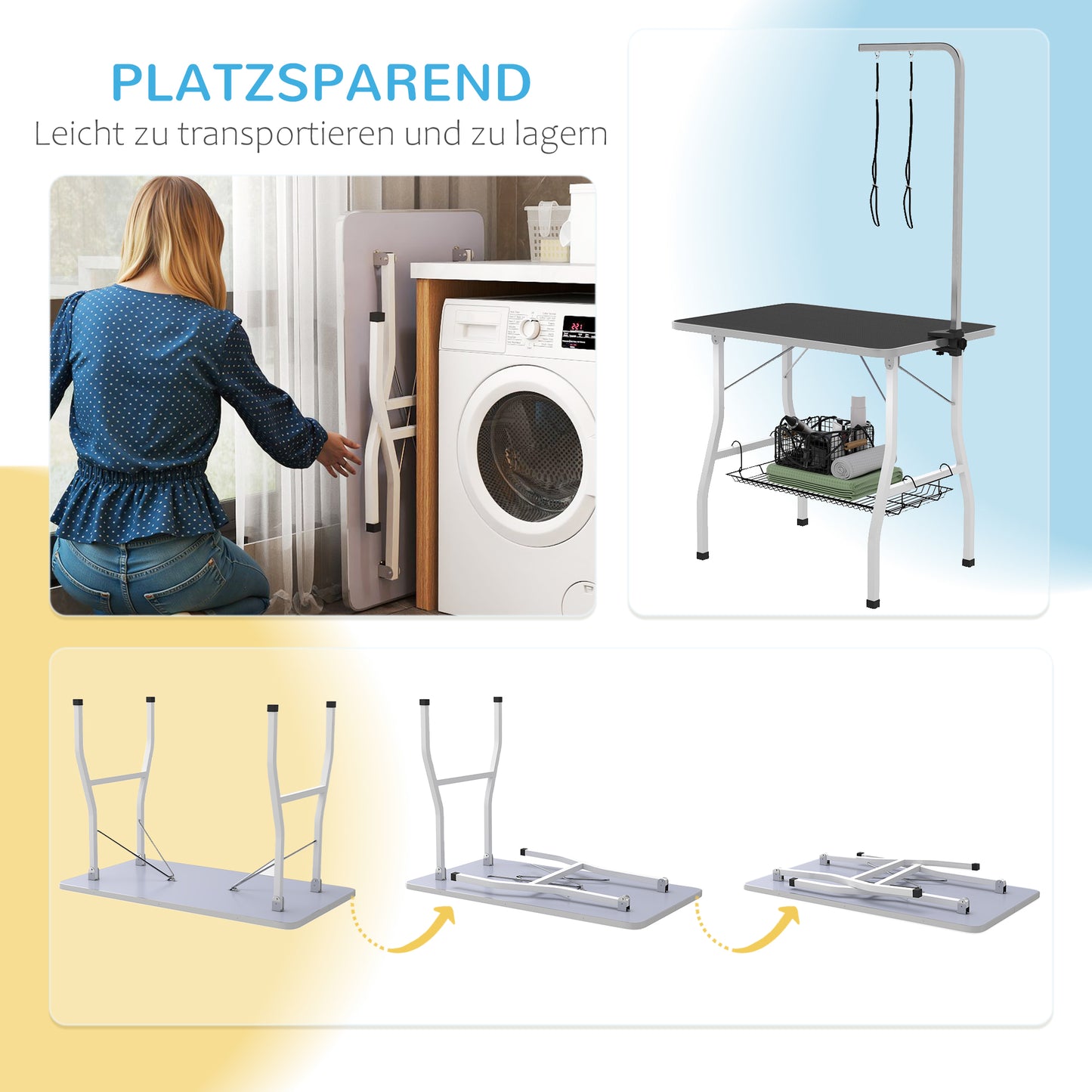 PawHut Hundepflegetisch, Frisiertisch mit einstellbar Arm, Aufbewahrungsfach, Gummioberfläche, 90 x 60 x 76 cm, Schwarz