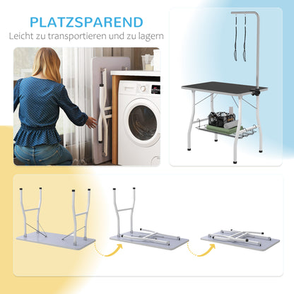 PawHut Hundepflegetisch, Frisiertisch mit einstellbar Arm, Aufbewahrungsfach, Gummioberfläche, 90 x 60 x 76 cm, Schwarz