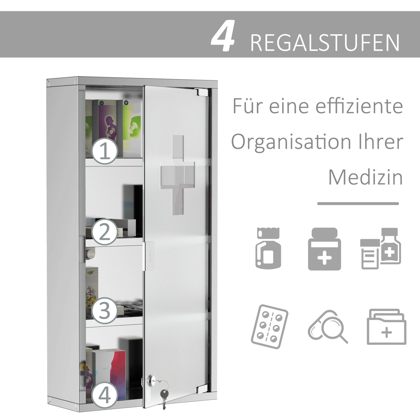 HOMCOM Medizinschrank Arzneischrank aus Edelstahl, Abschließbar Medikamentenschrank mit 4 Fächern, Glastür Apothekerschrank zur Medikamenten-Aufbewahrung, 30 x 12 x 60 cm