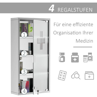 HOMCOM Medizinschrank Arzneischrank aus Edelstahl, Abschließbar Medikamentenschrank mit 4 Fächern, Glastür Apothekerschrank zur Medikamenten-Aufbewahrung, 30 x 12 x 60 cm