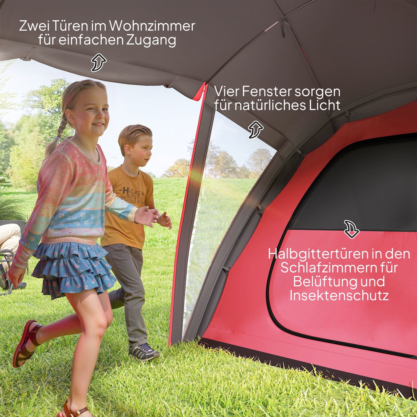 Outsunny Tunnelzelt, Campingzelt für 4-6 Personen, mit 3 Räumen, Lichthaken Doppeltüren Grau