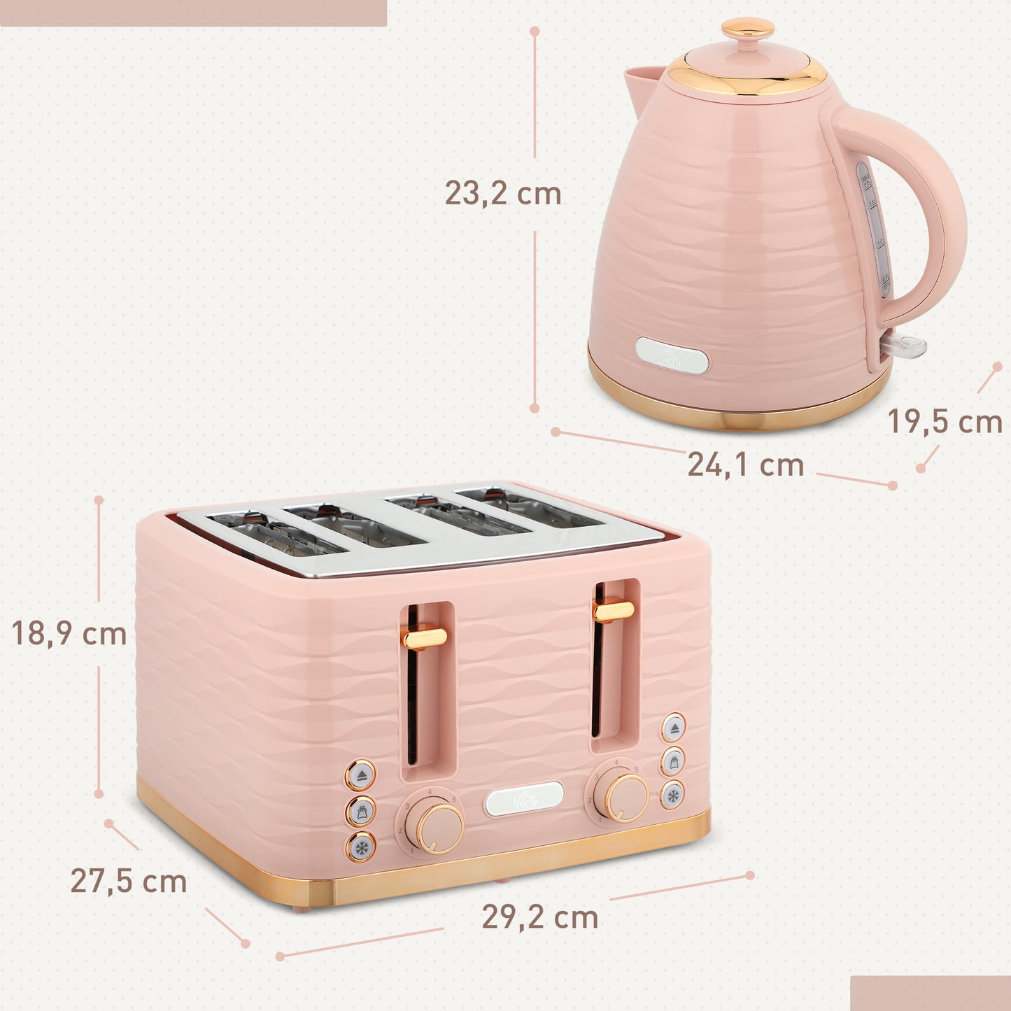 HOMCOM 2-in-1 Toaster- und Wasserkocher-Set, 7 Bräunungsstufen, Auftau- und Aufwärmfunktion, Rosa