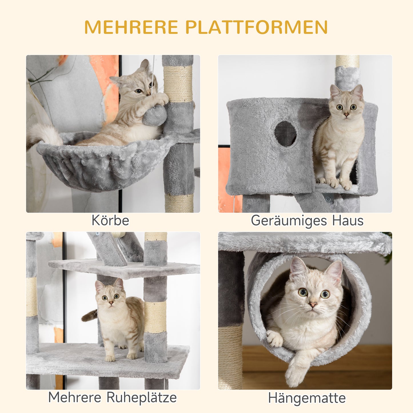 PawHut Katzenkratzbaum 240-260 cm Deckenhoch Kratzbaum groß Kletterbaum Katze Kratzbaum für große Katzen mit Sisalseil Hellgrau