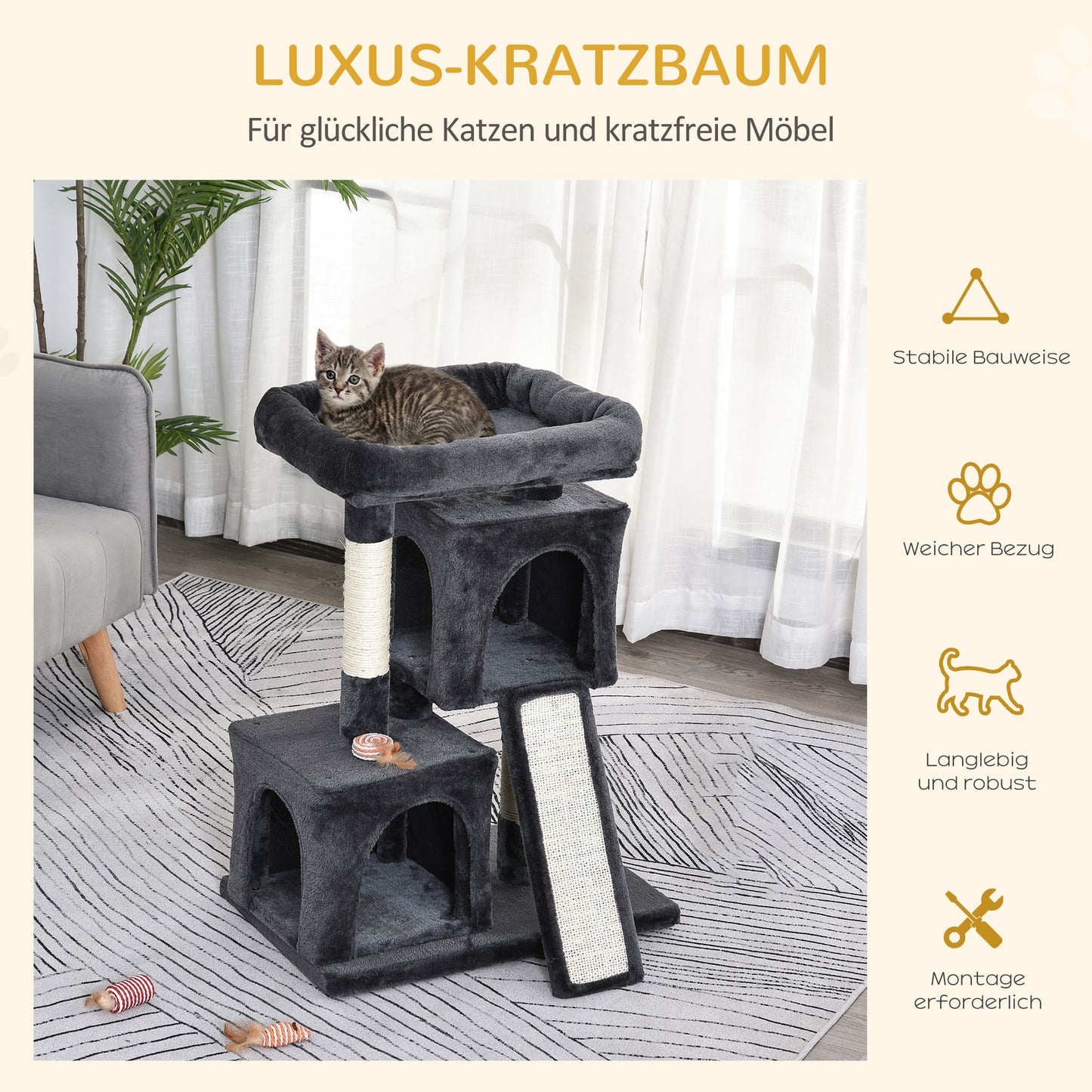PawHut Kratzbaum 83 cm Kleiner Katzenkratzbaum mit Sisalsäulen, Katzenkratzbaum, Katzen Kletterbaum, Katzenbaum, Katzenmöbel Spielbaum für kleine Katzen, Dunkelgrau