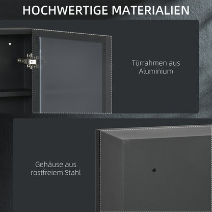 kleankin Spiegelschrank, Badschrank, 3 Regalfächer, Edelstahl, 40x12x60cm, Schwarz