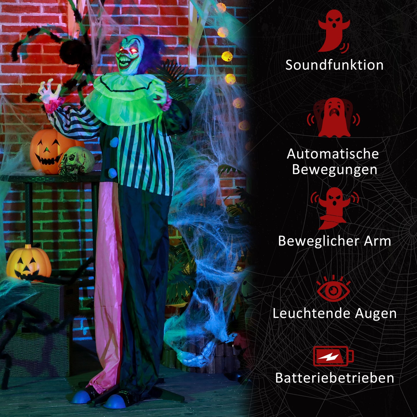 HOMCOM Grusel-Clown Halloween-Dekoration, beweglich, Lach-Funktion, Pink+Lila