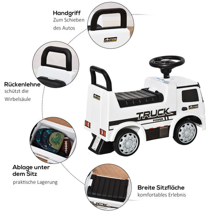 HOMCOM Rutscherfahrzeug Rutscherauto Babyrutscher Kinderfahrzeug lizenziert von Mercedes ANTOS-LKW-Stil mit Licht für Kinder von 12 bis 36 Monaten Metall PP-Kunststoff Weiß+Schwarz 62,5x28,5x45cm