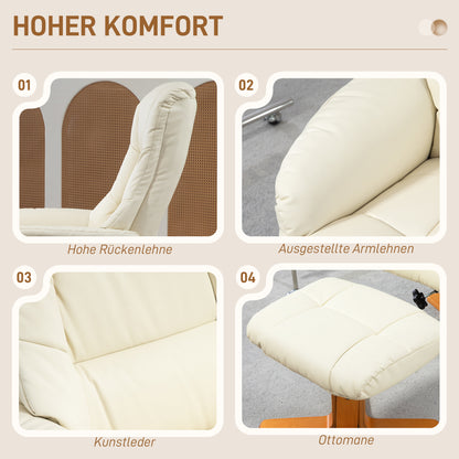 HOMCOM Relaxsessel mit Hocker, Liegefunktion, Kunstlederbezug, bis 150 kg, 71 x 84 x 102 cm, Cremeweiß
