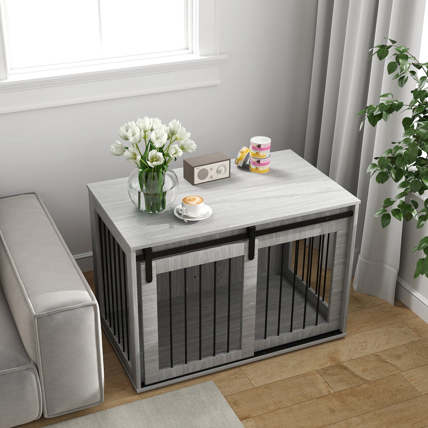 PawHut Hundebox mit Schiebetür, Belüftung, Spanplatte och Stahl, 98 x 58 x 61 cm, Grau