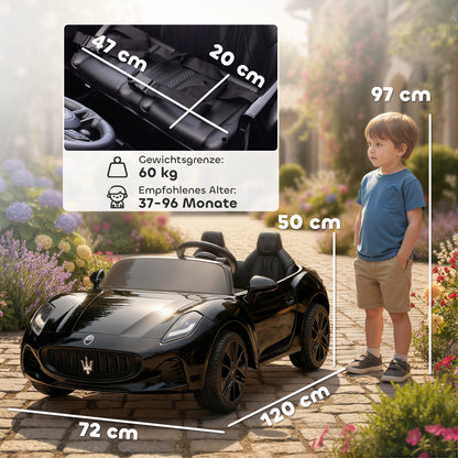 AIYAPLAY Maserati Elektroauto für Kinder, 2-Sitzer, 12V Batteriebetrieb, Fernbedienung, LED-Lichter, Musikfunktion, Schwarz